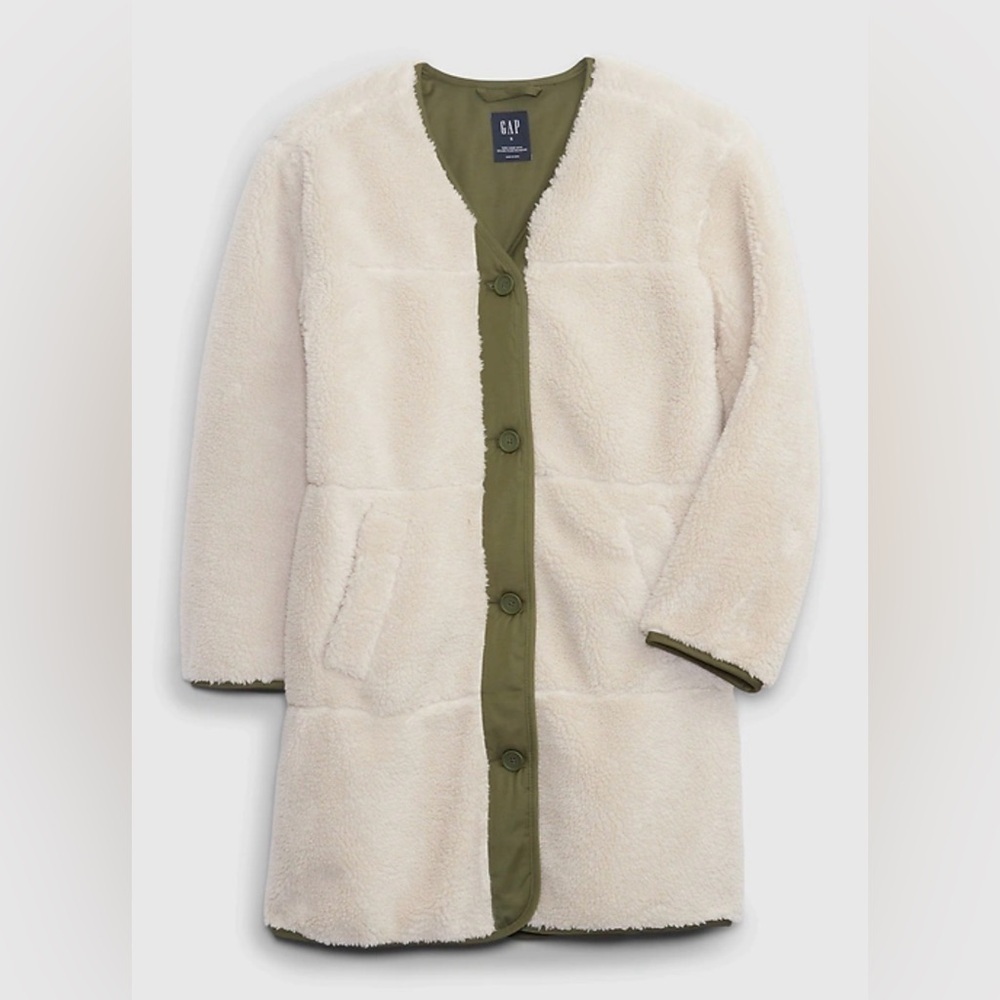 Gap Women’s Cream & Olive Green Mixed-Media Sherpa Jacket Size: Small